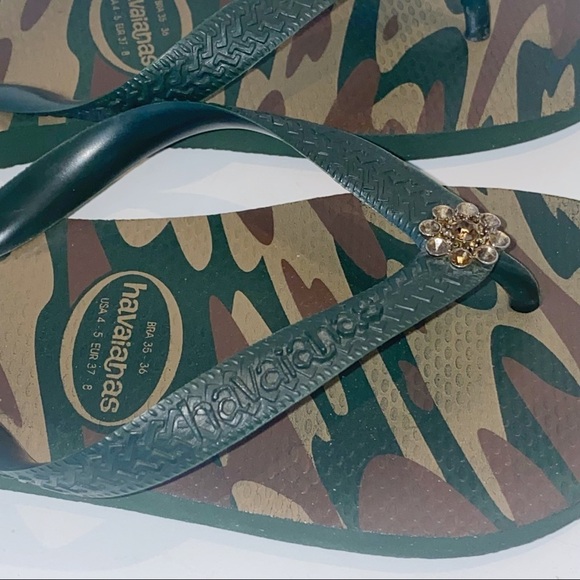 Havaiana’s Green Camo Flip Flops Crystal Adorned EUR 37/8 US 4/5 Pool beach - Picture 7 of 9